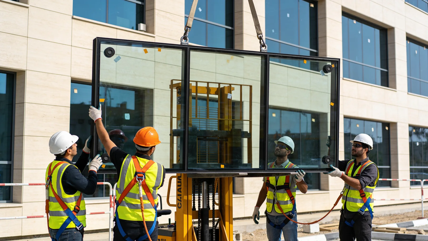 Installation crew lifting a glazed unit into place with vacuum lifters