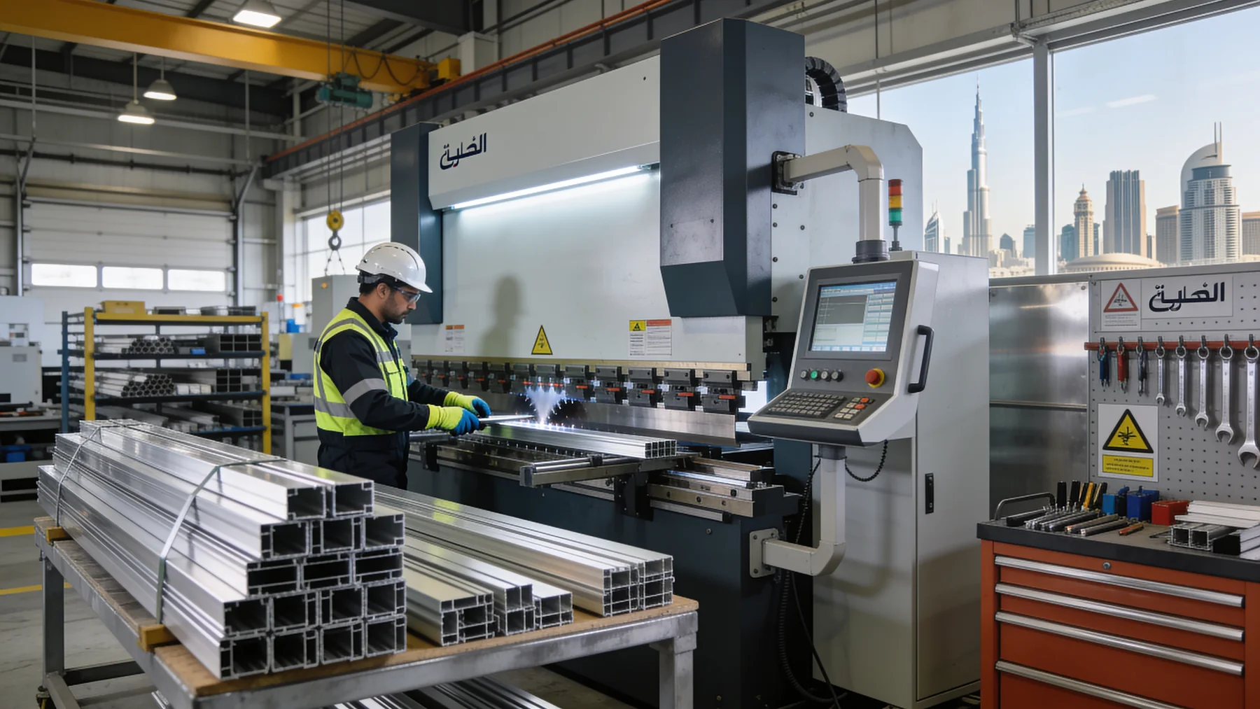 Aluminium profiles stacked beside a press brake in the fabrication workshop
