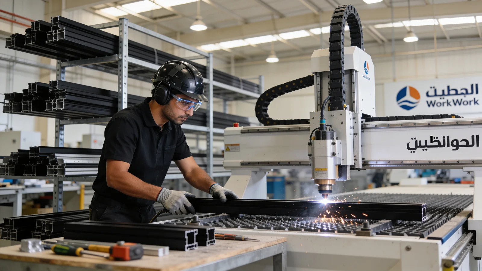An operator guiding a black aluminium profile through a CNC cutter, with racked profiles behind