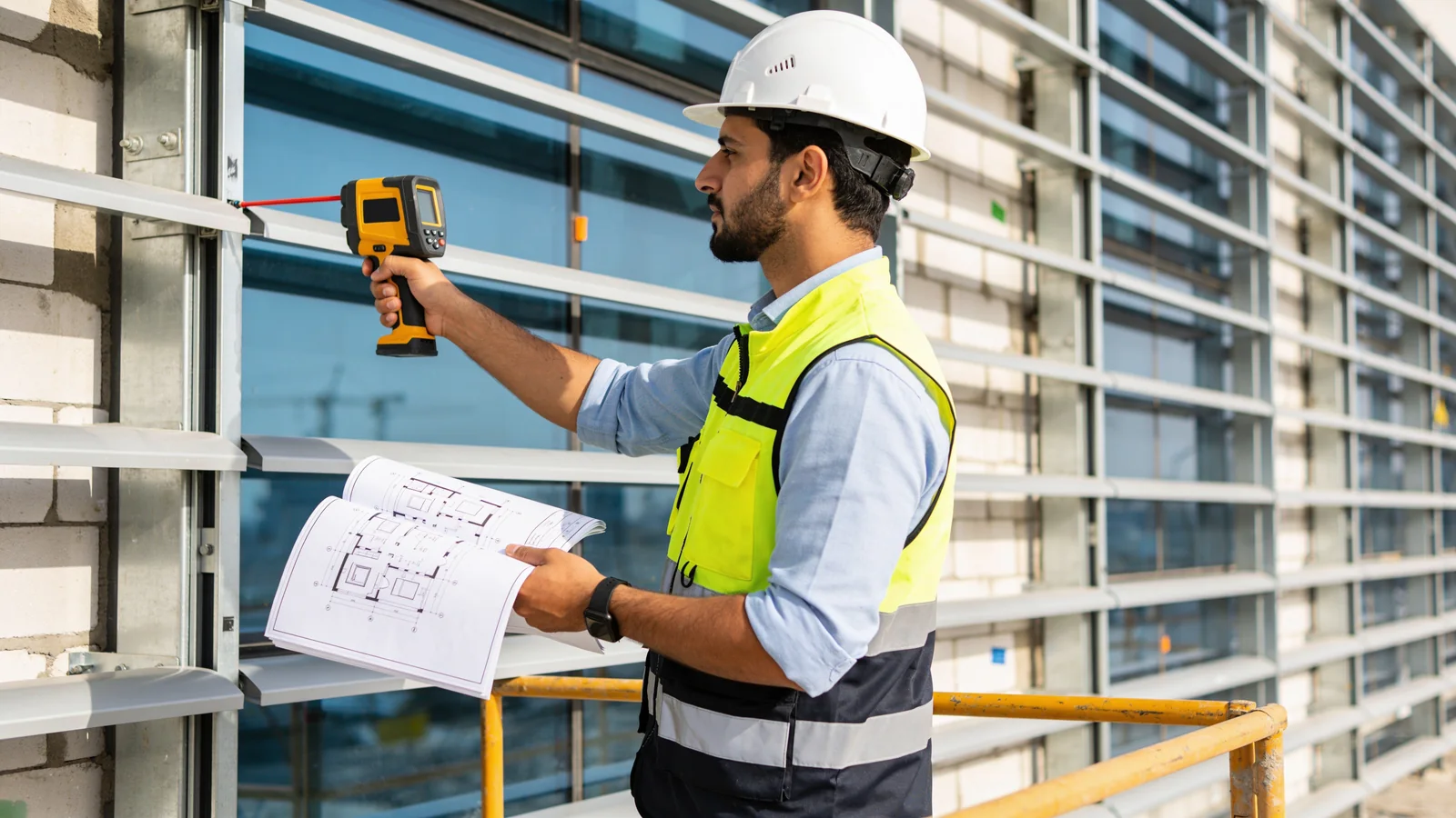 An engineer checking a completed facade with a thermal camera, drawings open in one hand