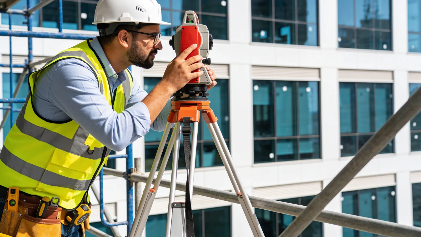 A surveyor sighting a level on a tripod towards a glazed elevation from a scaffold