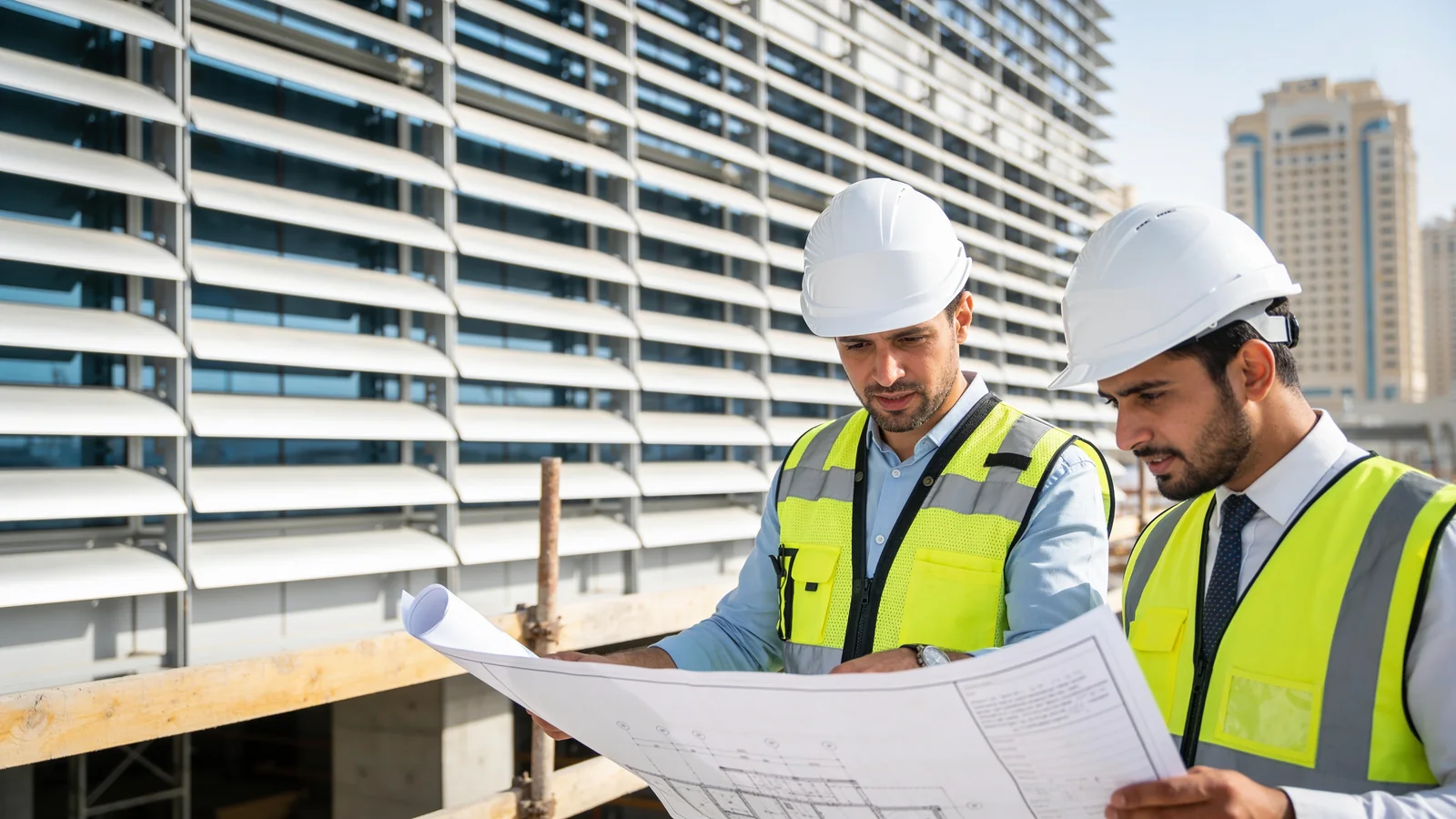 Two engineers holding drawings up against a louvred facade on site