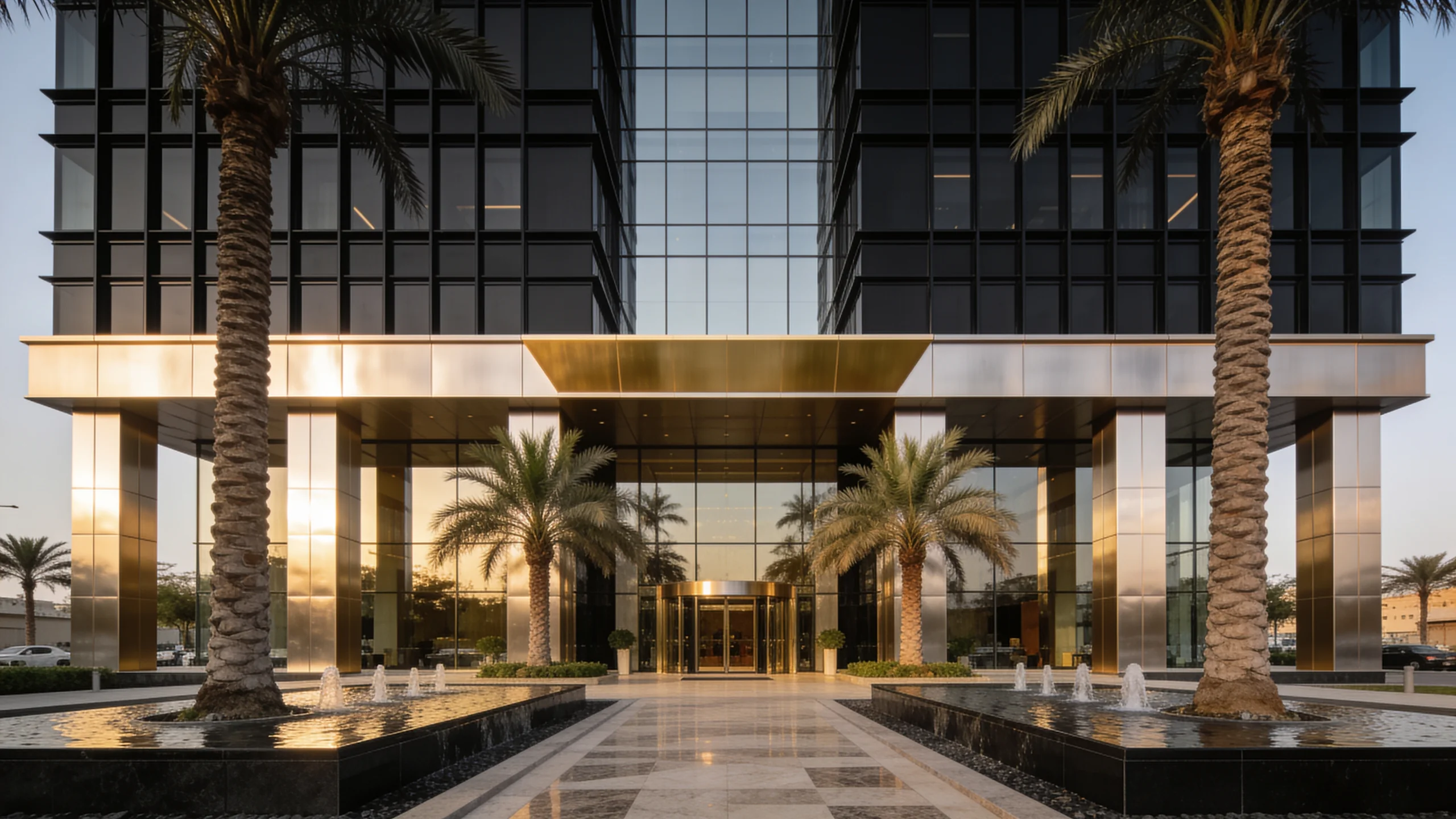 Aluminium works Dubai — an aluminium and glass entrance elevation with a gold-toned canopy soffit at dusk