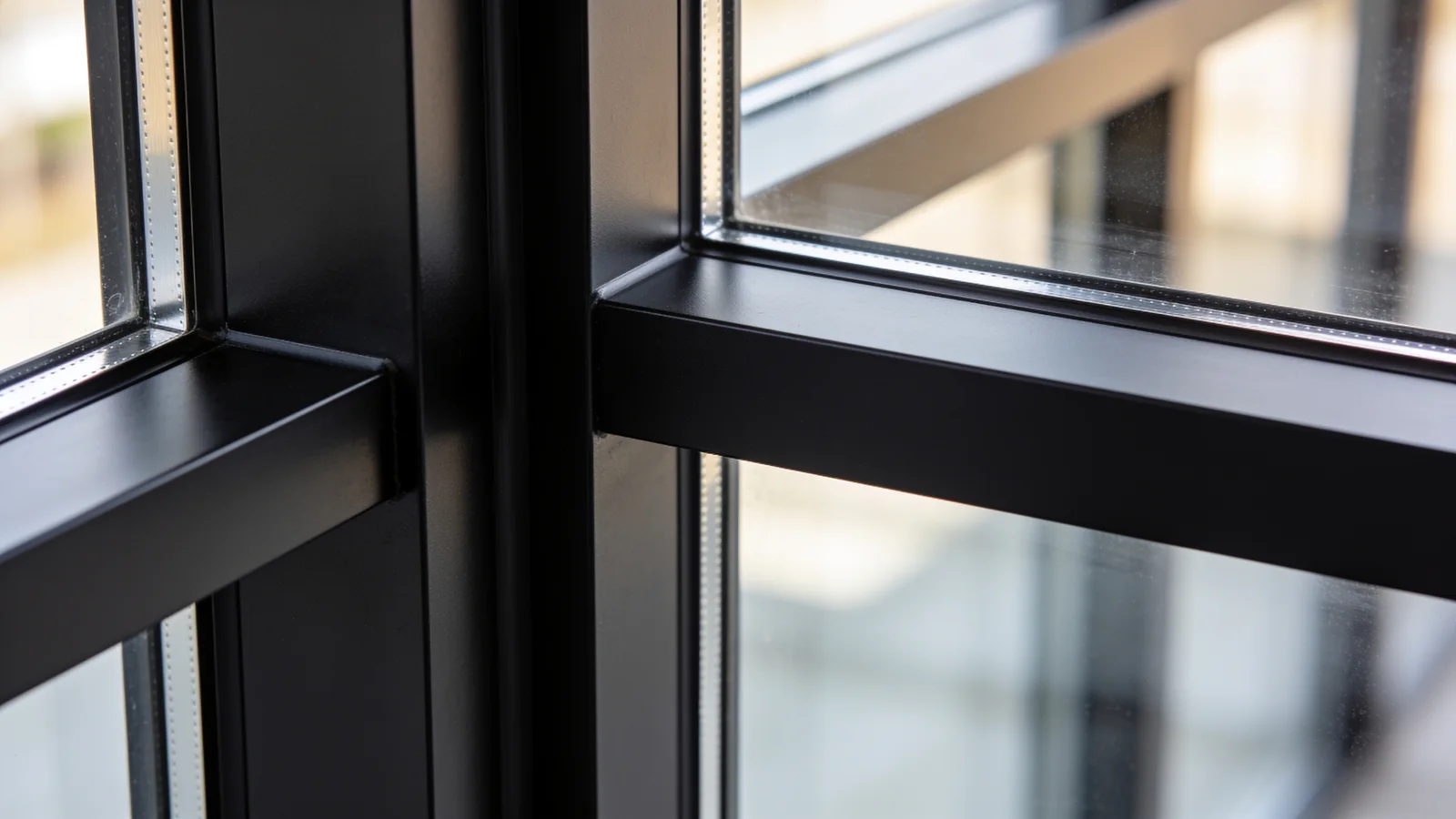 Close-up of a black-finished aluminium transom meeting a mullion, with the glazing bead and edge seal visible