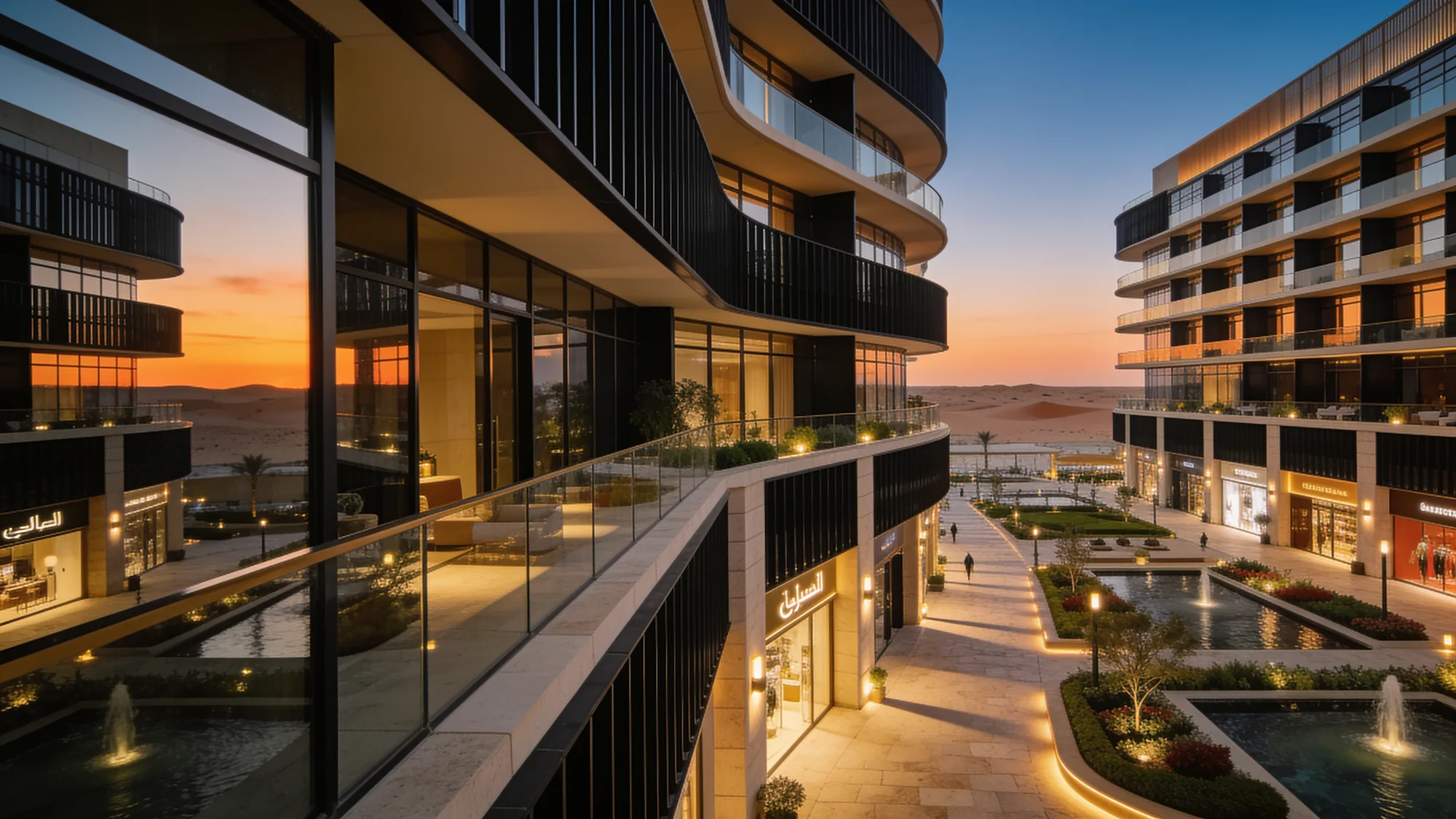 Curved balconies with black aluminium balustrades and framing above a lit promenade at dusk — aluminium works in Dubai
