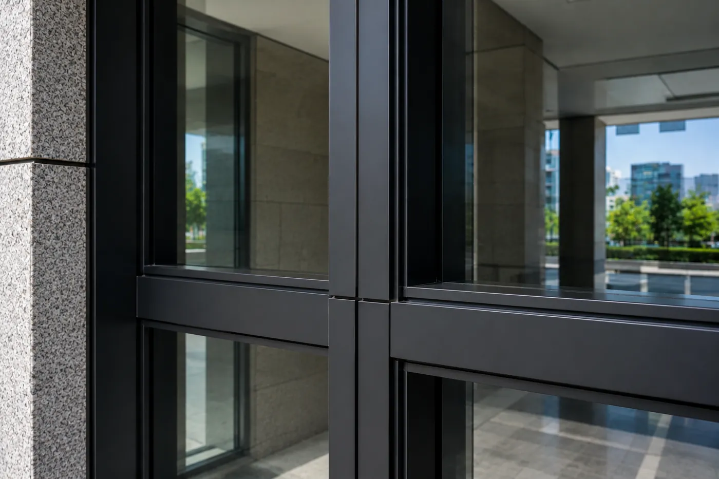 The same aluminium curtain wall junction after the work — clean, even profiles holding a sharp line