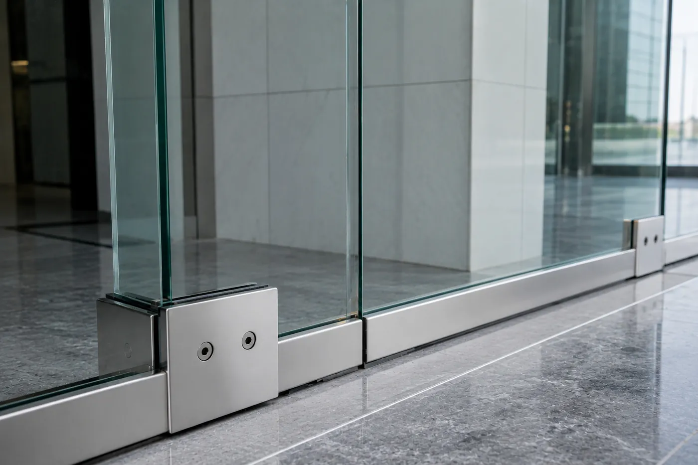 The same frameless glass assembly after the work — clear panes and clean patch fittings