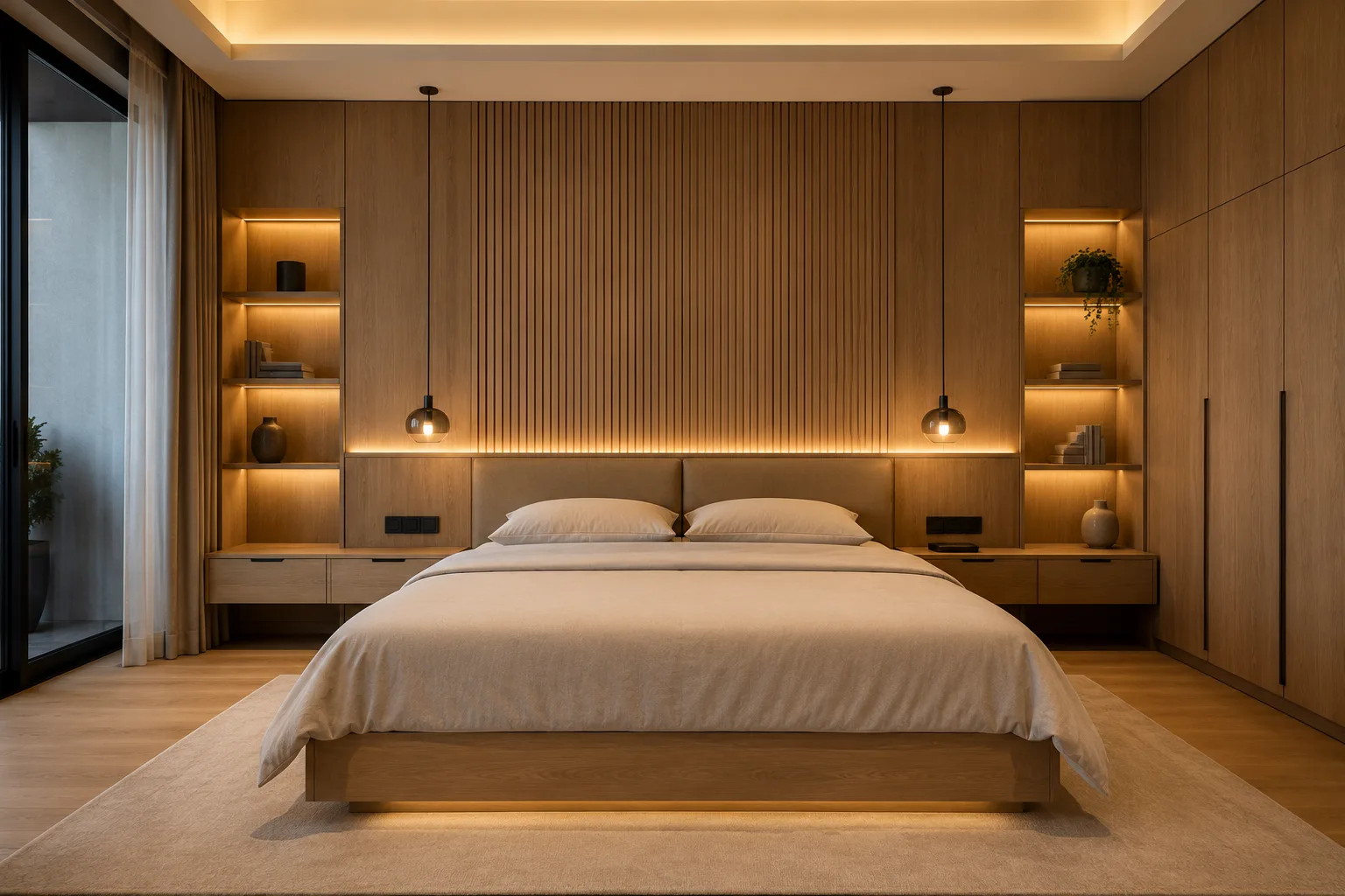 Bedroom headboard wall in slatted timber, with lit display niches either side of the bed