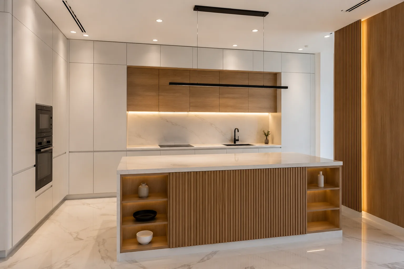Villa kitchen with a fluted timber island, open-end shelving and handleless cabinetry — custom carpentry services in Dubai