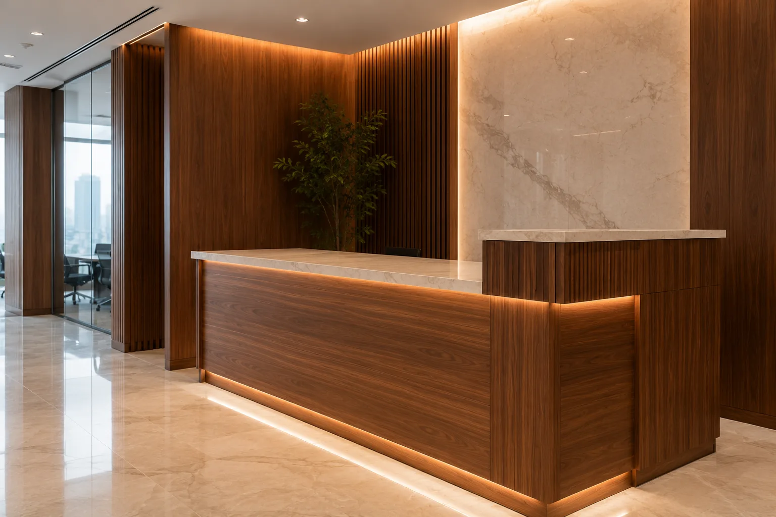 Reception counter in timber with a stone top, set against a slatted timber wall and marble panel