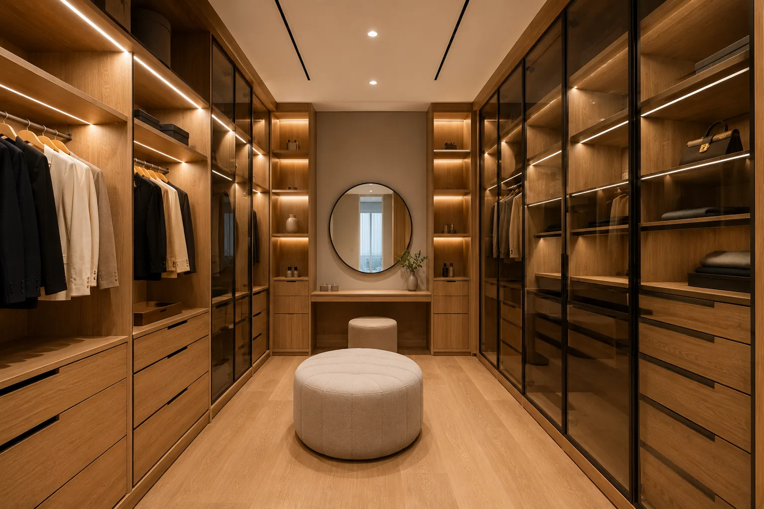 Walk-in dressing room in a villa — lit hanging rails, banks of drawers and a round mirror at the end of the run