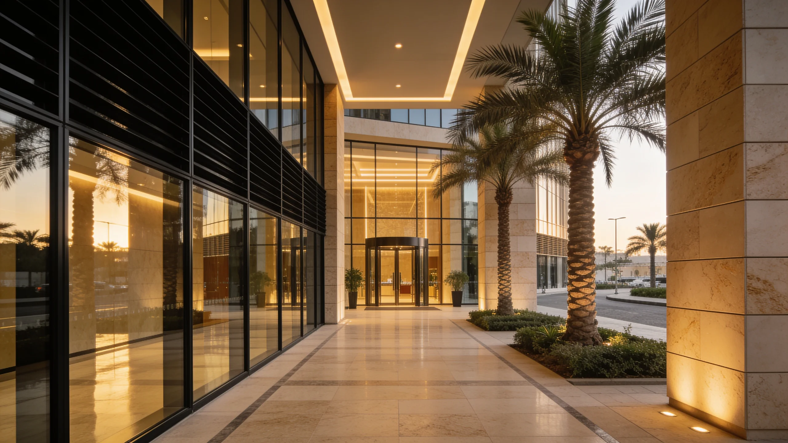Contracting company Dubai — a colonnaded entrance walkway in stone and glass, lit at sunset