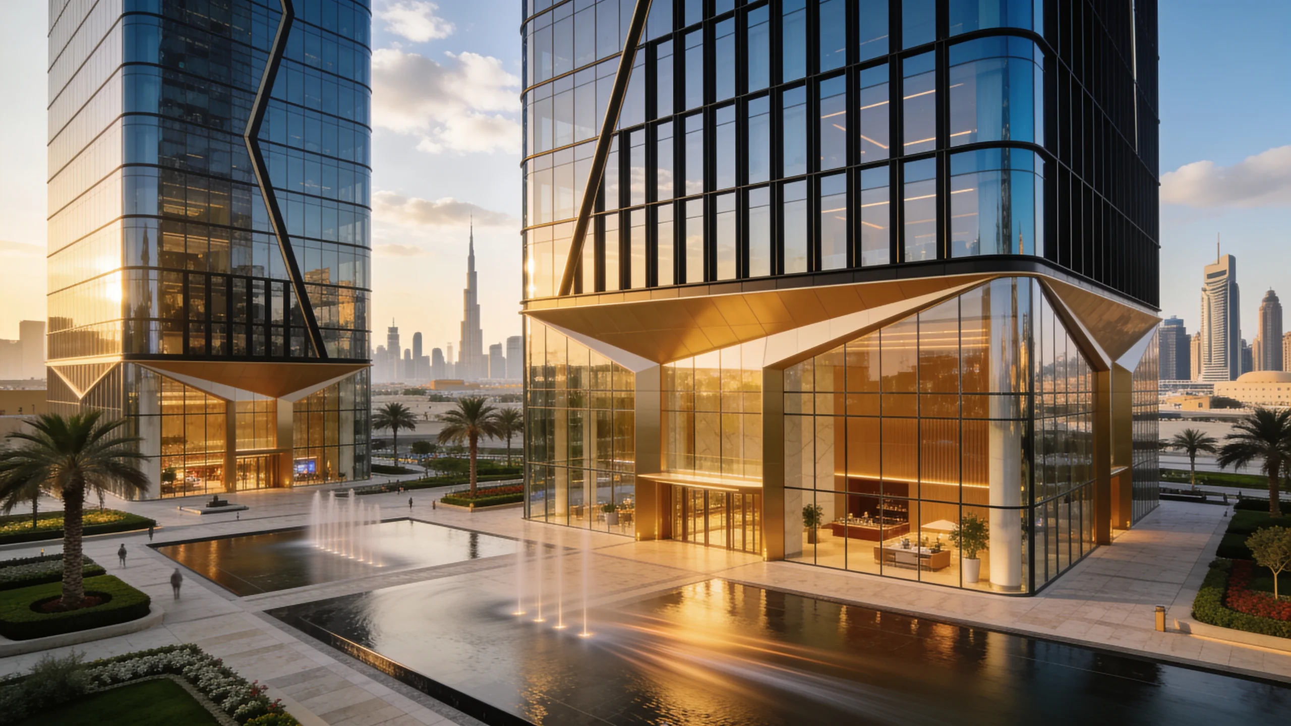 Glass works Dubai — twin glazed towers with gold-toned soffits reflecting a Dubai sunrise