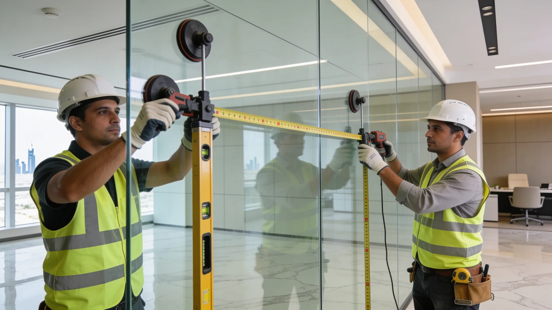 Two installers setting a frameless glass partition with vacuum lifters, checking it against a spirit level and a tape measure