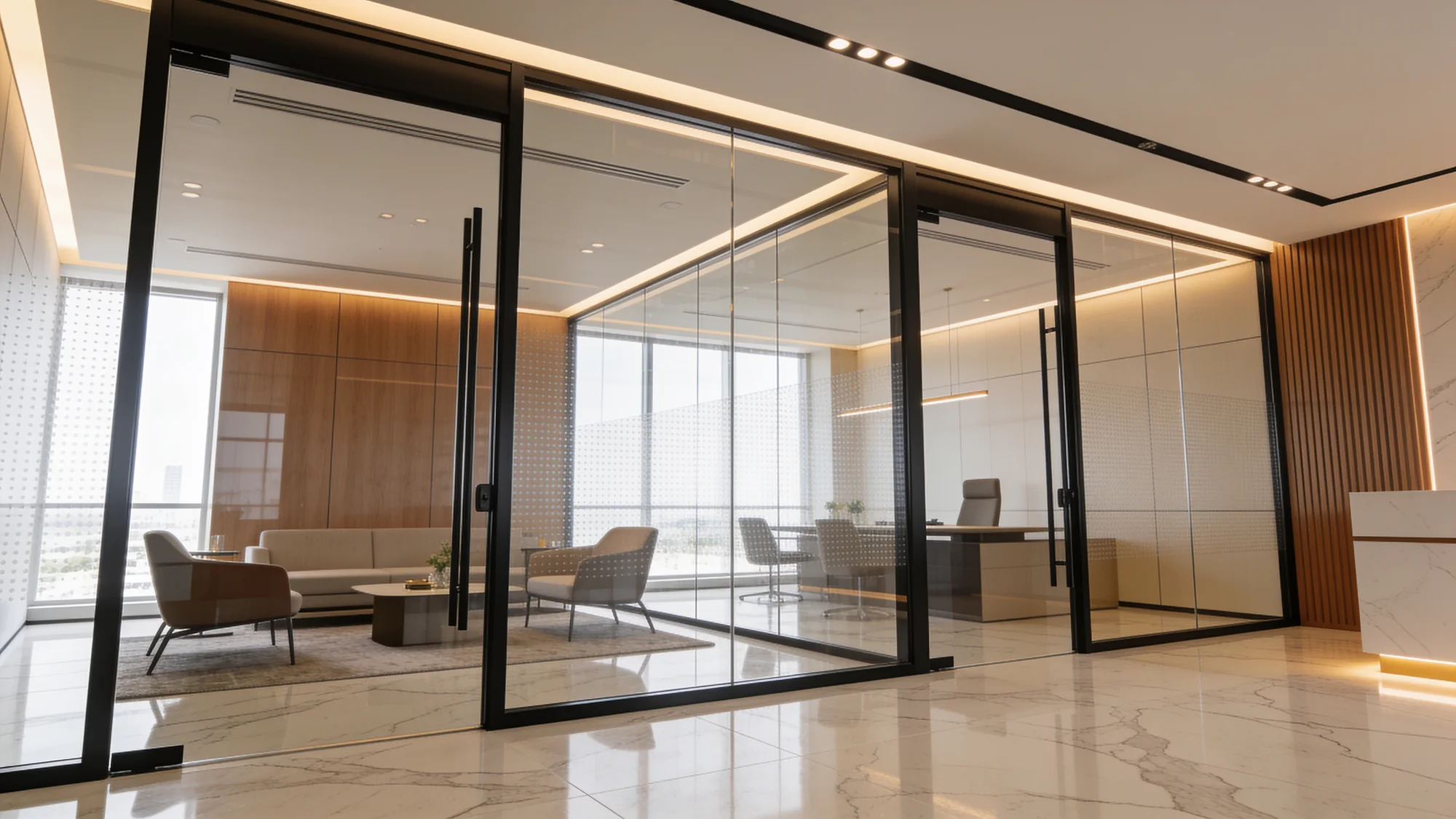 Frameless glass office partitions with slim black framing in a marble-floored interior in Dubai