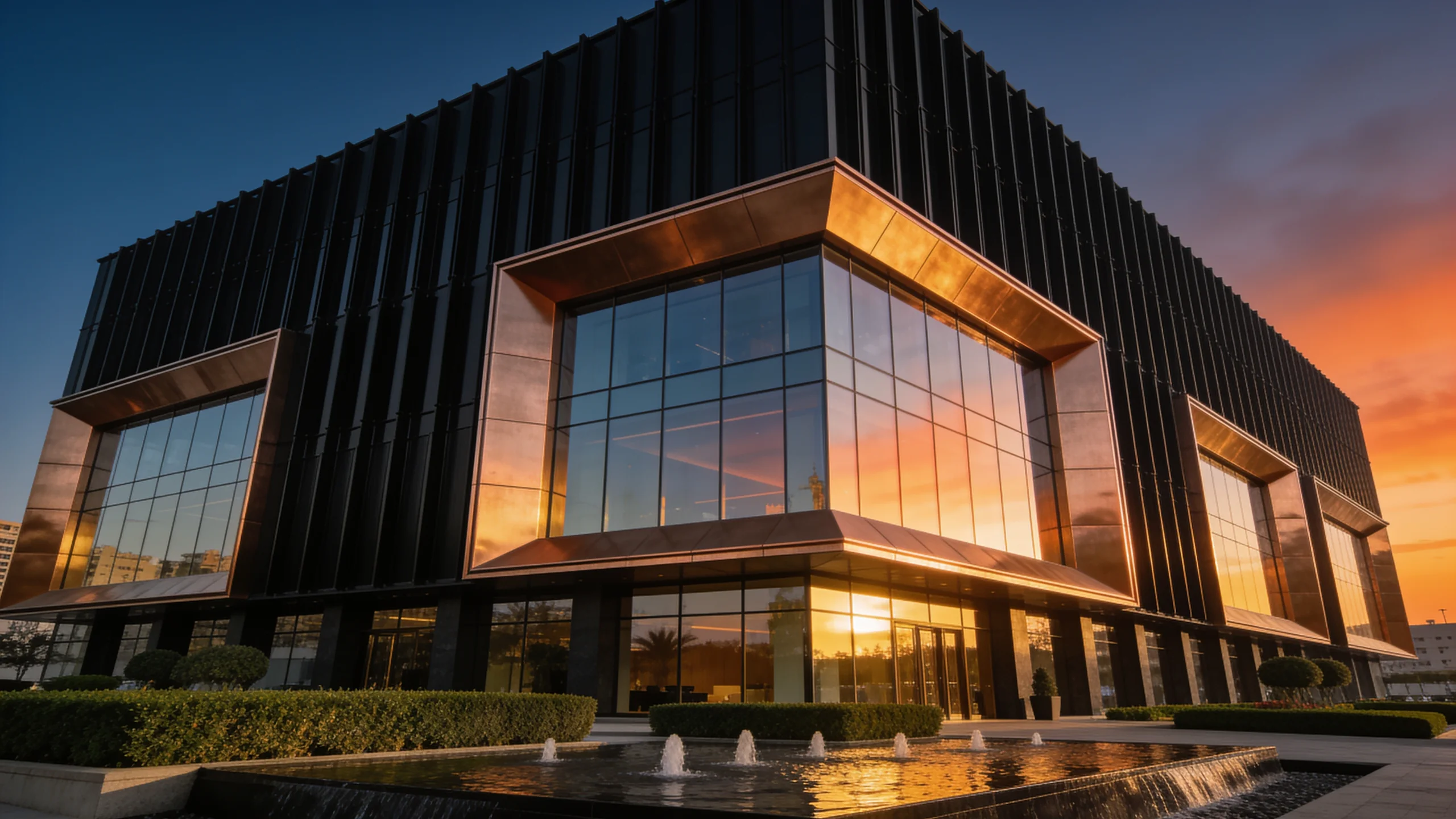Black ribbed aluminium and bronze-framed glass facade of a Dubai building at sunset