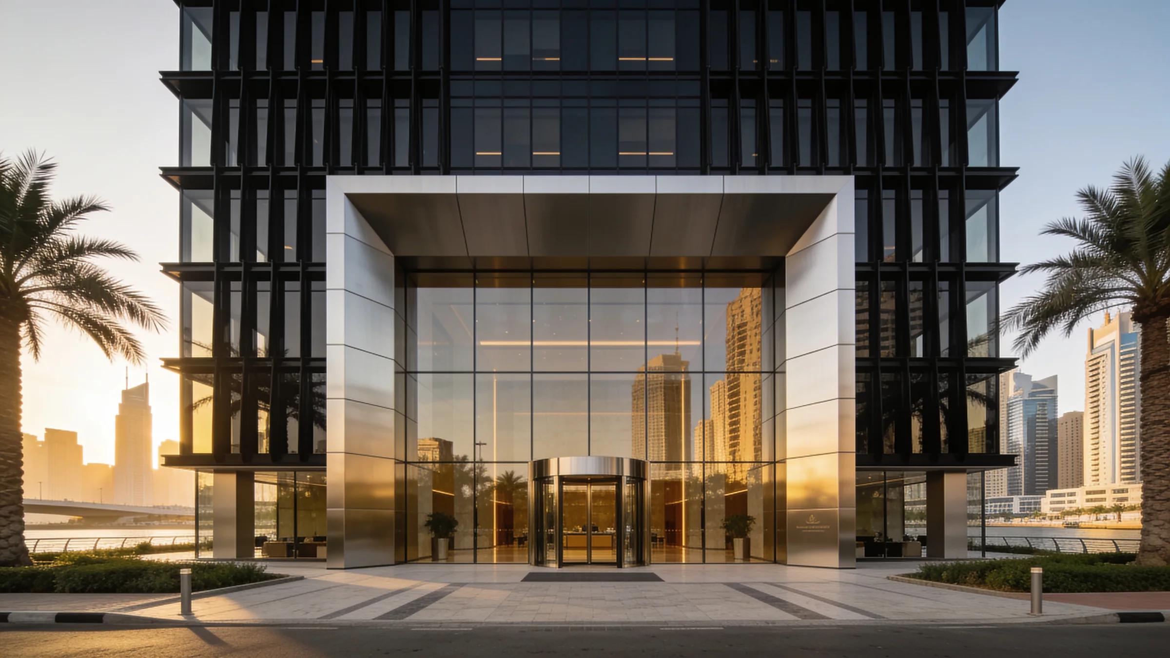 Metal-clad entrance portal and full-height glazing on a black-finned tower, its revolving door lit from within in low sun