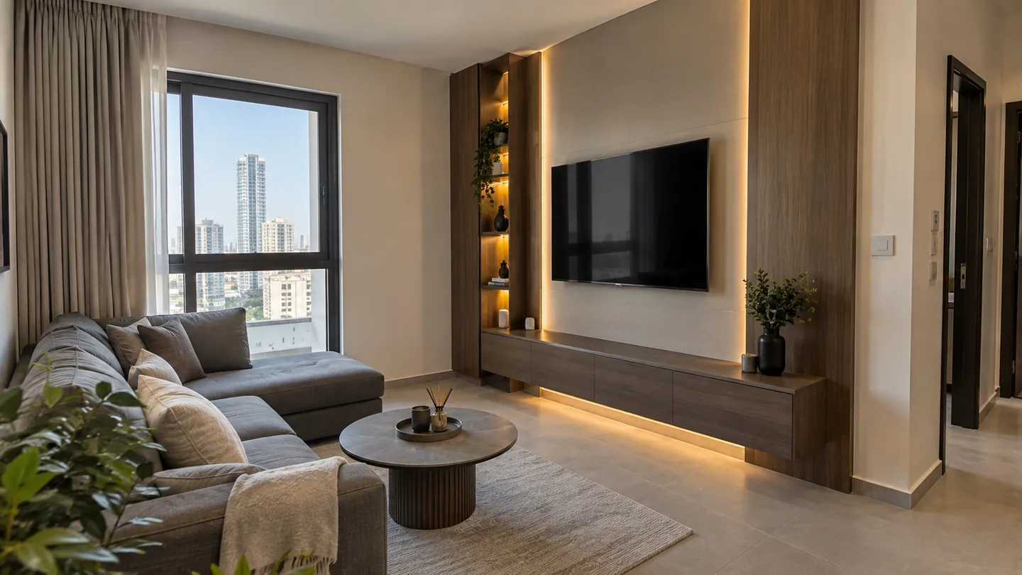 A media wall in a Dubai apartment living room with a city view — a wall-mounted TV, walnut panelling, a lit display niche and a floating storage cabinet