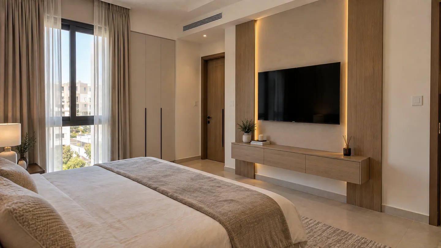 A bedroom media wall in a Dubai home — a wall-mounted TV with backlit walnut panelling and a floating cabinet beside the bed
