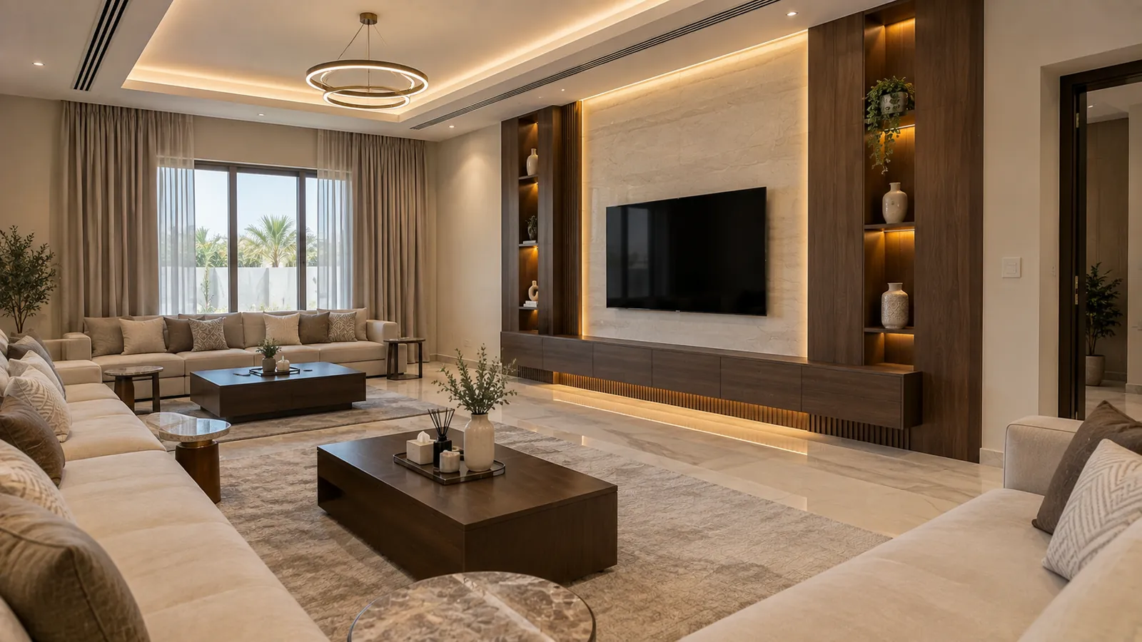 A feature TV wall in a Dubai villa majlis — a marble back panel with a mounted television, symmetrical dark walnut display niches with integrated lighting and a full-width media cabinet