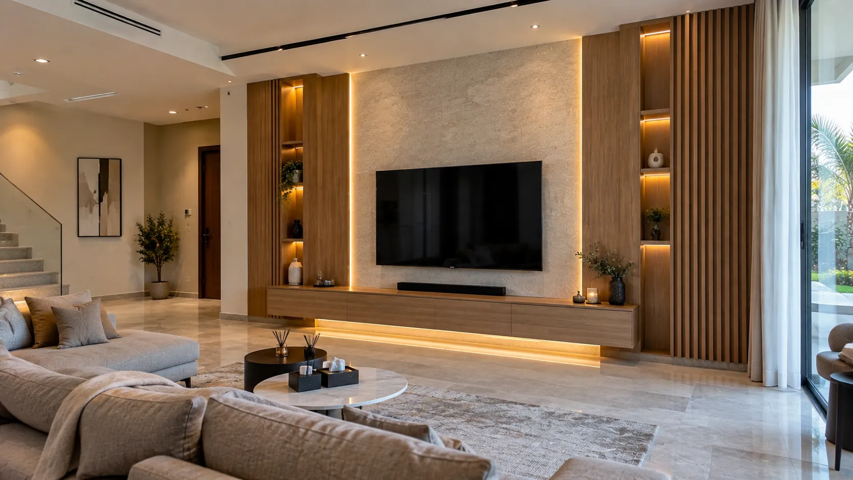 A custom media wall in a Dubai villa with a wall-mounted TV, lit walnut niches and low storage