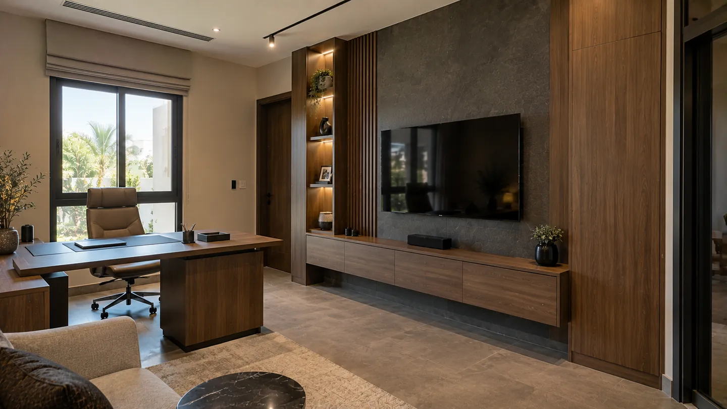 A media wall in a Dubai home office — a wall-mounted TV on a dark stone panel, oak display shelving and a floating cabinet beside a walnut desk
