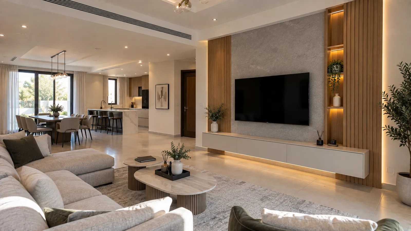 A built-in media wall in an open-plan Dubai home — a grey stone panel with a mounted TV, oak slatted sides, a lit display niche and a long low storage cabinet, with the kitchen and dining beyond