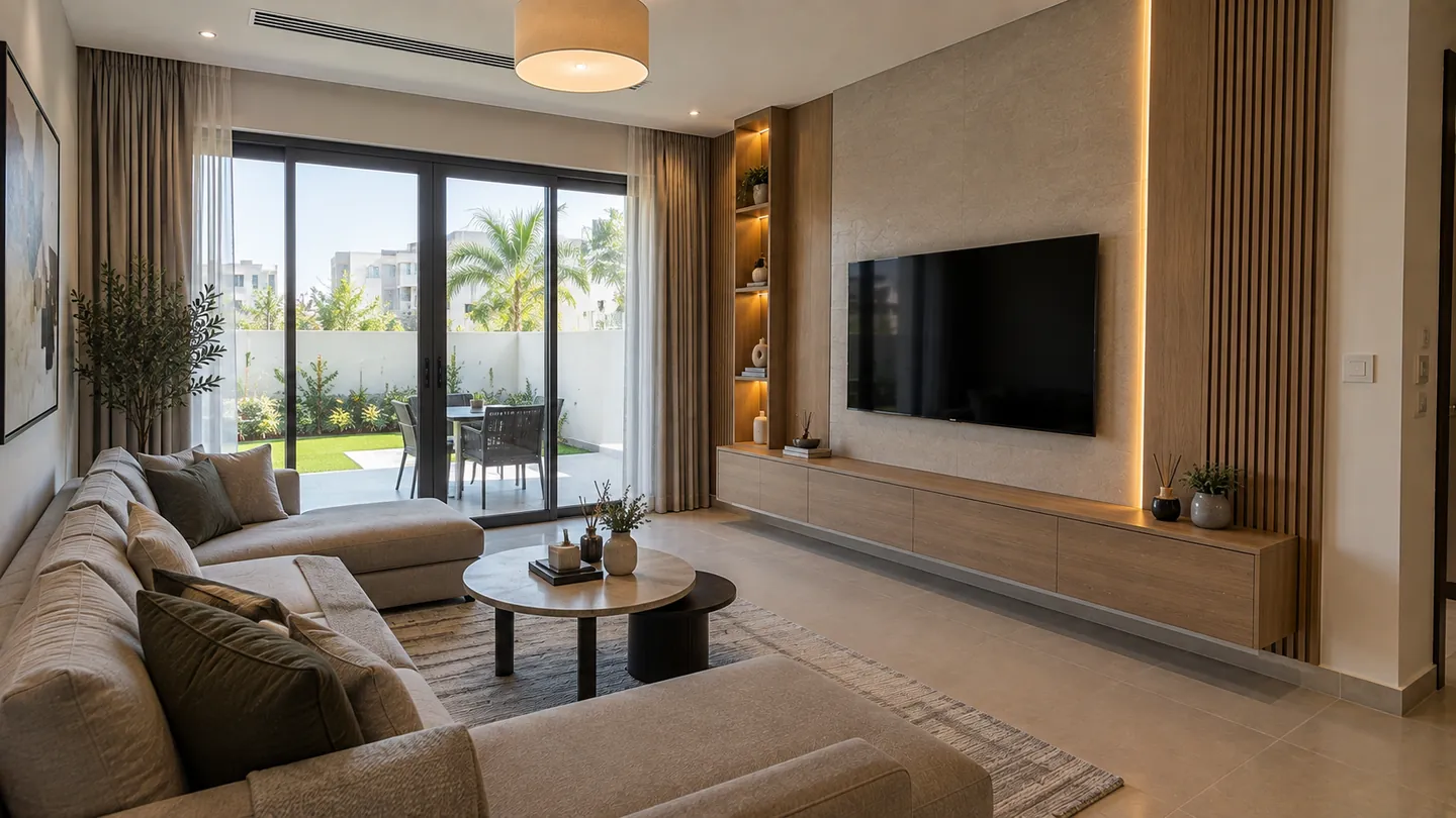 A media wall in a Dubai villa living room opening to a garden — a wall-mounted TV on a stone panel with oak slatted panelling and a long floating media cabinet