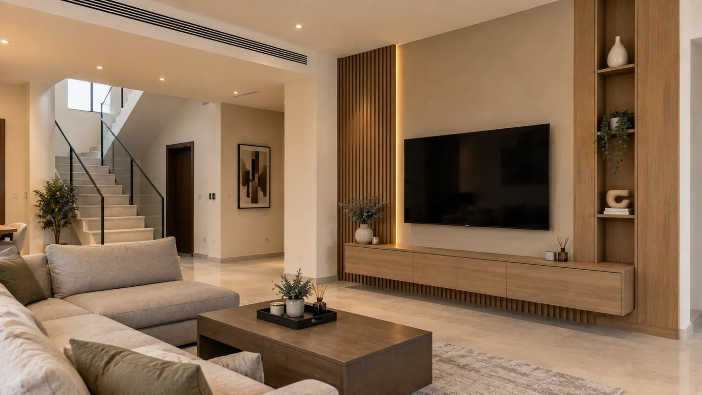 A wooden media wall in a Dubai villa — oak slatted panelling beside a wall-mounted TV, open display shelving and a floating cabinet with a fluted base