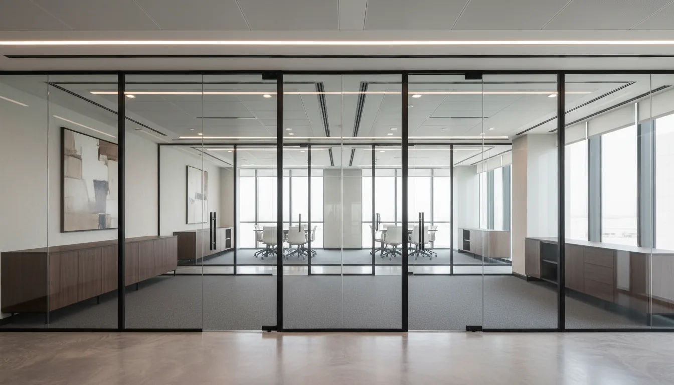 Aluminium and glass in a Dubai renovation — frameless glass partitions and aluminium framing in a refurbished interior