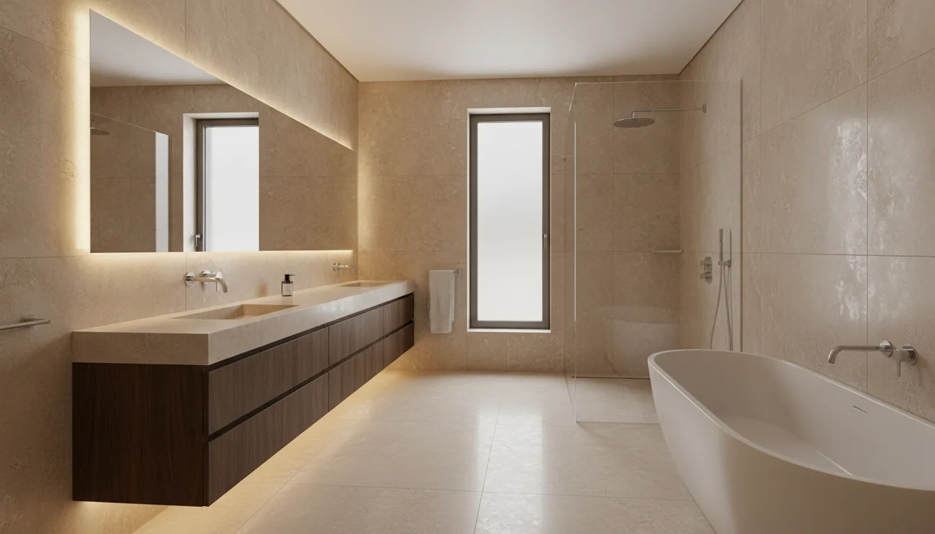 Bathroom renovation in Dubai with tiling, a vanity unit, a frameless glass shower enclosure and recessed lighting