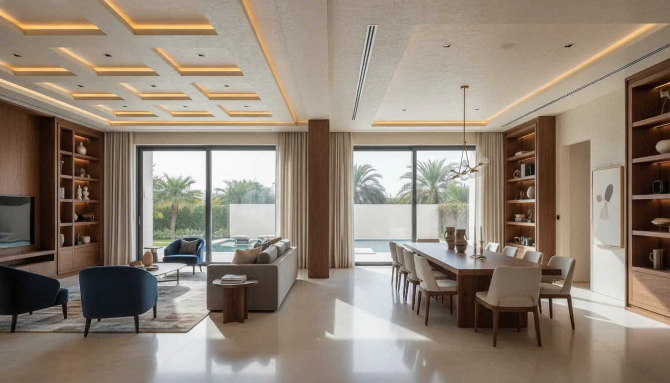 A villa renovation by a renovation company in Dubai — an open-plan living and dining area with a coffered ceiling, cove lighting, walnut joinery and full-height glazing onto a pool