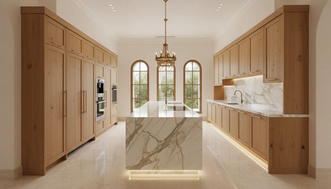 Kitchen renovation in a Dubai home with custom cabinetry, stone countertops, a backsplash and integrated lighting